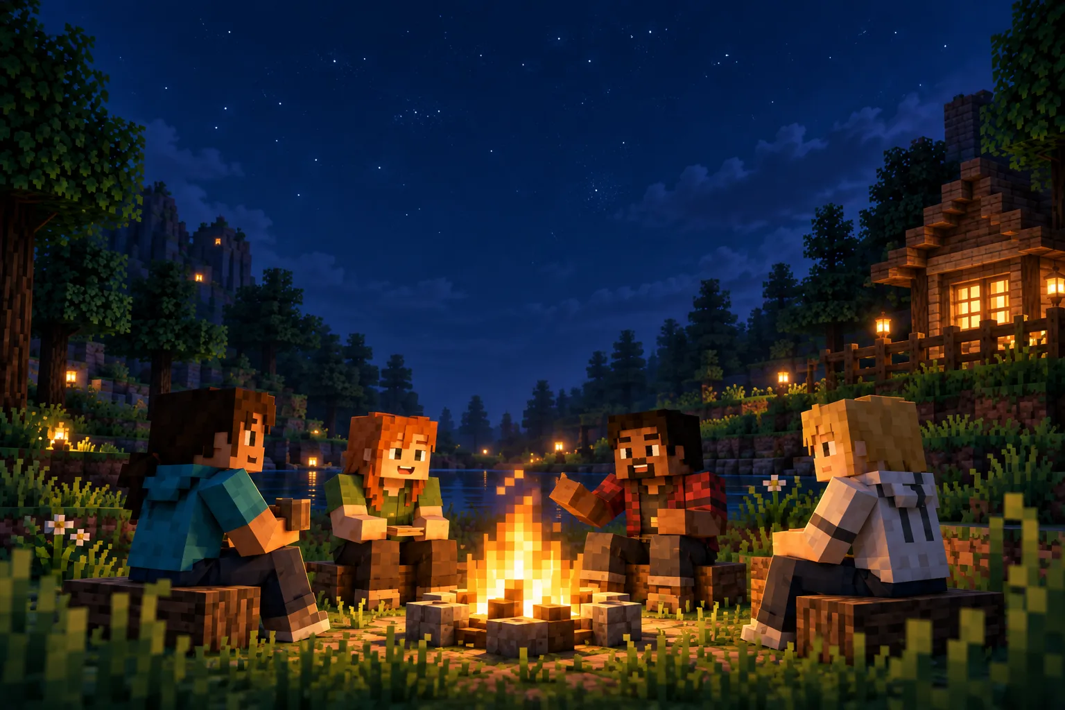 Four friends sharing a campfire beside a warmly lit cabin in a block-built forest
