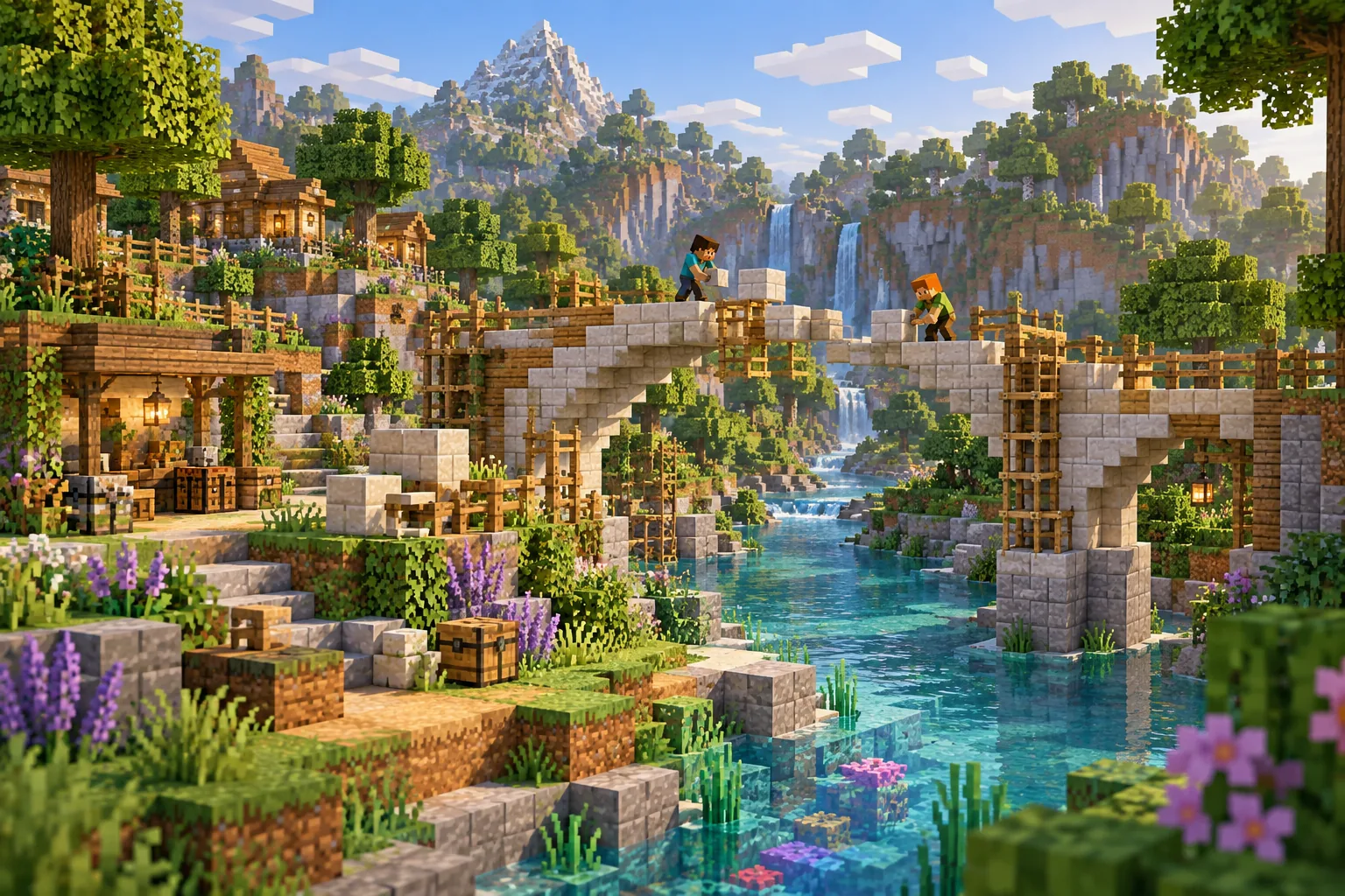 Players working together on a stone and oak bridge