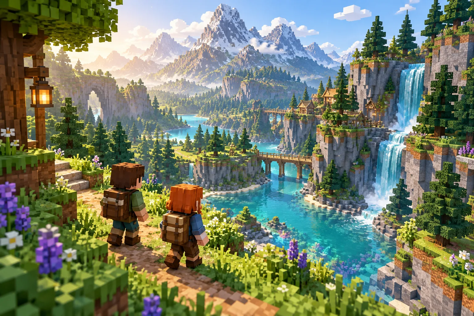 Two friends discovering a river valley along a forest trail