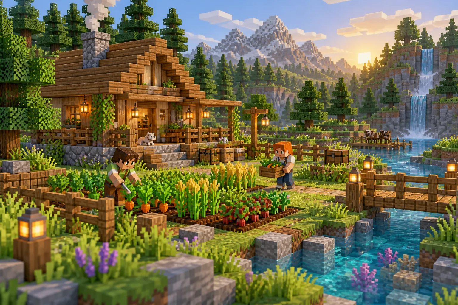 A shared cabin and vegetable garden beside a stream