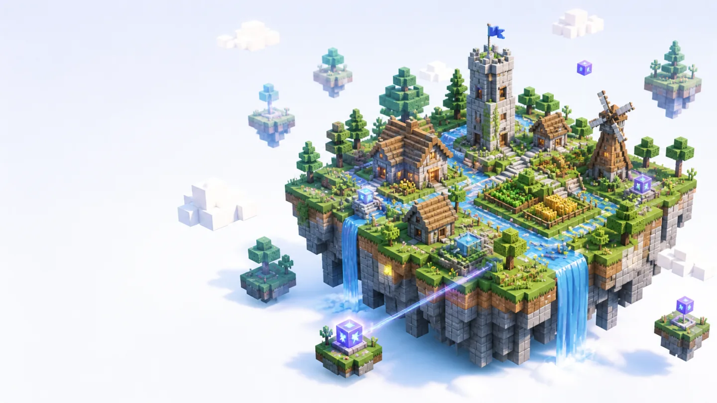 A bright floating voxel World powered by glowing PlayUnit cubes